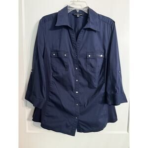 Zac & Rachael Plus 1X Navy Woven Knit Long Sleeve Button Up Tab Sleeve Work Fall